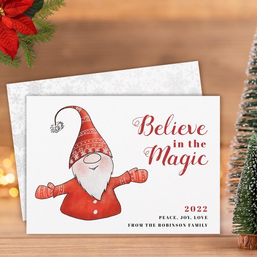 Cute Gnome Believe in the Magic Red Christmas Holiday Card