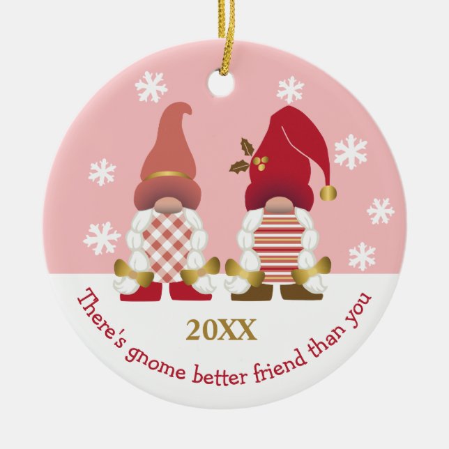 Cute Gnome Better Friend Gold Pink White Gingham Ceramic Ornament (Front)