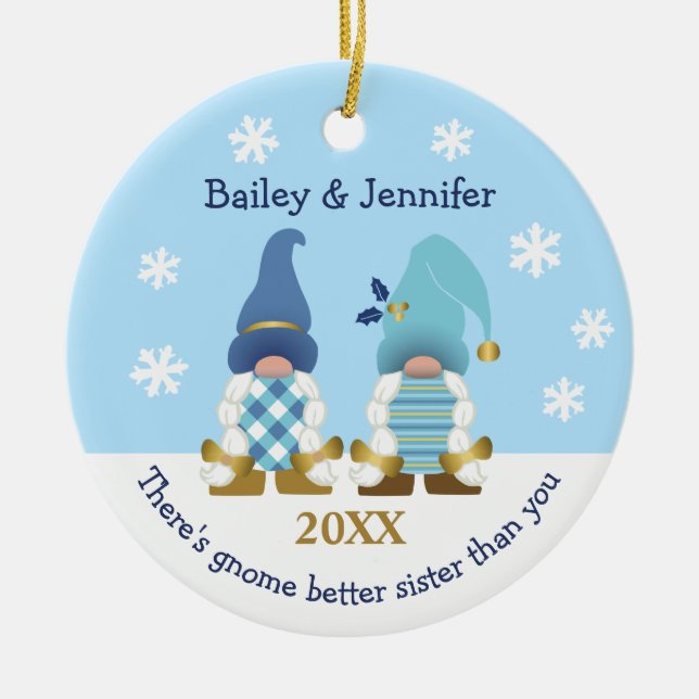 Cute Gnome Better Sister Gold Blue White Gingham Ceramic Ornament (Front)