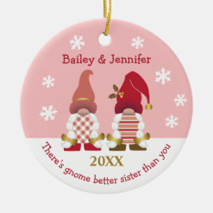Cute Gnome Better Sister Red Gold Pink Gingham Ceramic Ornament