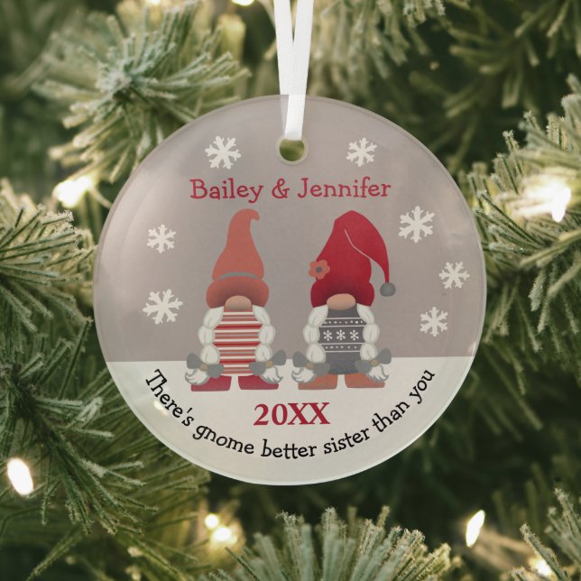 Cute Gnome Better Sister Red Pink Grey White Glass Ornament (Insitu)