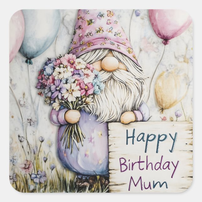 Cute Gnome Birthday Design for Mom Square Sticker (Front)