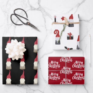 Cute Gnome Black and Red Christmas Wrapping Paper Sheets