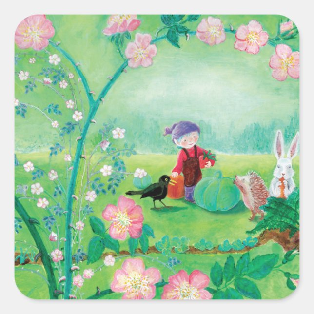 Cute Gnome, Blackbird, Hedgehog & white Rabbit Square Sticker (Front)