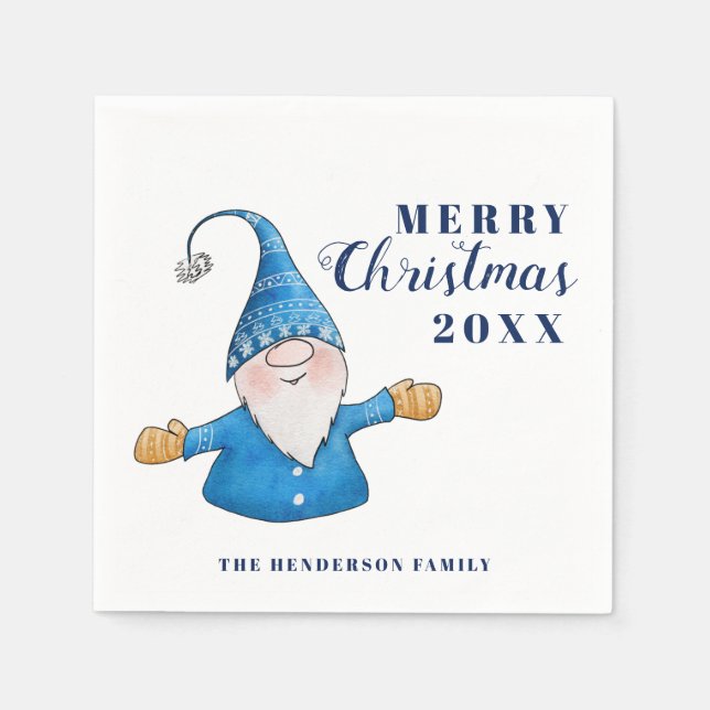 Cute Gnome Blue Merry Christmas Napkins (Front)