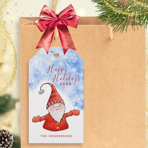 Cute Gnome Blue Red Happy Holidays Christmas Gift Tags