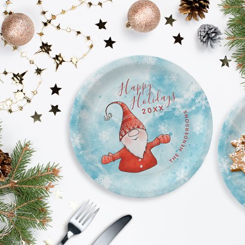 Cute Gnome Blue Red Happy Holidays Paper Plates
