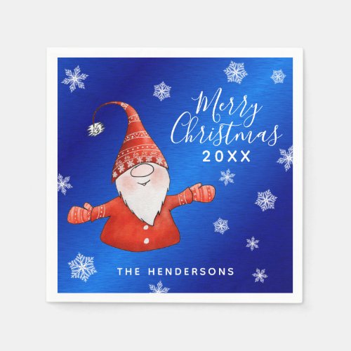 Cute Gnome Blue Red Merry Christmas Napkins