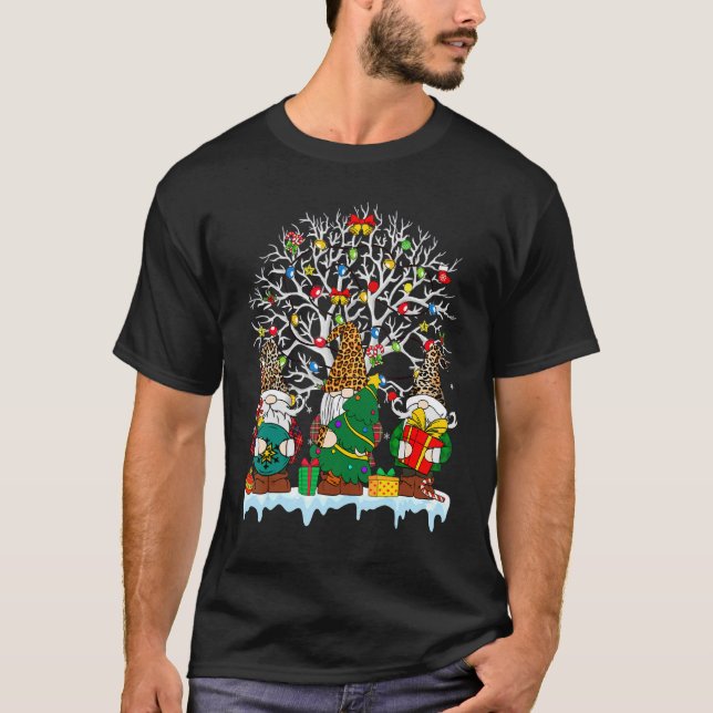 Cute Gnome Buffalo Plaid Christmas Tree Light Ugly T-Shirt (Front)