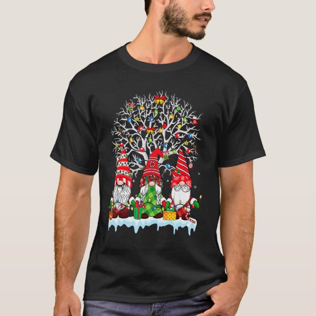 Cute Gnome Buffalo Plaid Christmas Tree Light Ugly T-Shirt (Front)