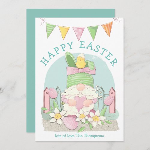 Cute Gnome Bunny Chick Florals Teal Happy Easter Holiday Card