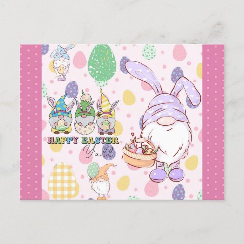 Cute Gnome Bunny Happy Easter Pink Postcard