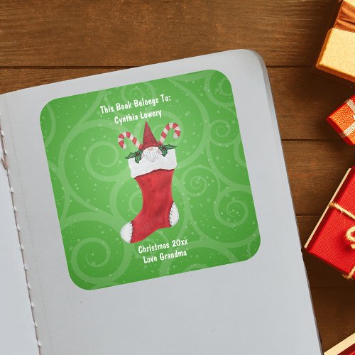 Cute Gnome Candy Canes in Red Stocking Swirls Square Sticker
