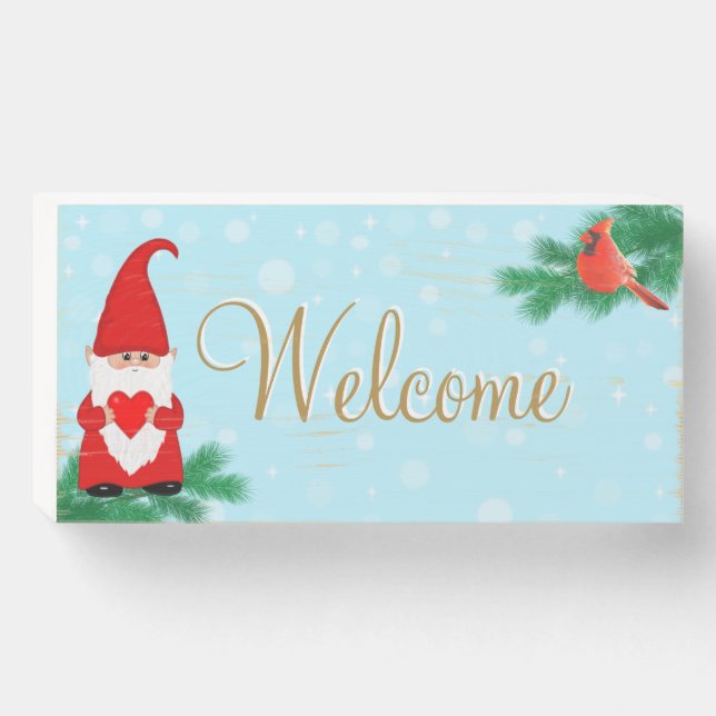 Cute gnome & cardinal bird welcome wooden box sign (Front Horizontal)