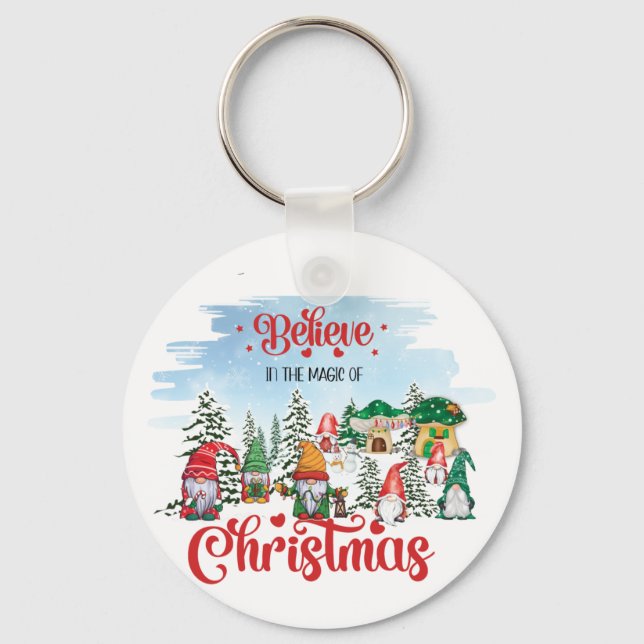 Cute Gnome Celebrating Christmas Holiday Keychain (Front)
