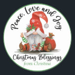 Cute Gnome Christmas Blessings Custom Gift Classic Round Sticker<br><div class="desc">Personalize by adding your name to these festive gift stickers that feature an adorable Santa gnome sending "Christmas Blessings" and "Peace,  Love and Joy" in a decorative black script.</div>