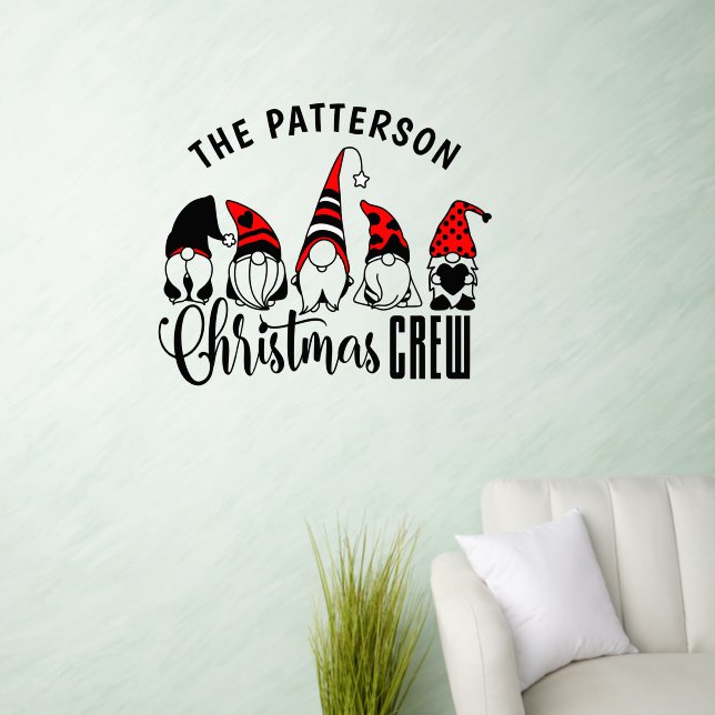 Cute Gnome Christmas Crew Funny Custom Family Name Wall Decal (Living Room)