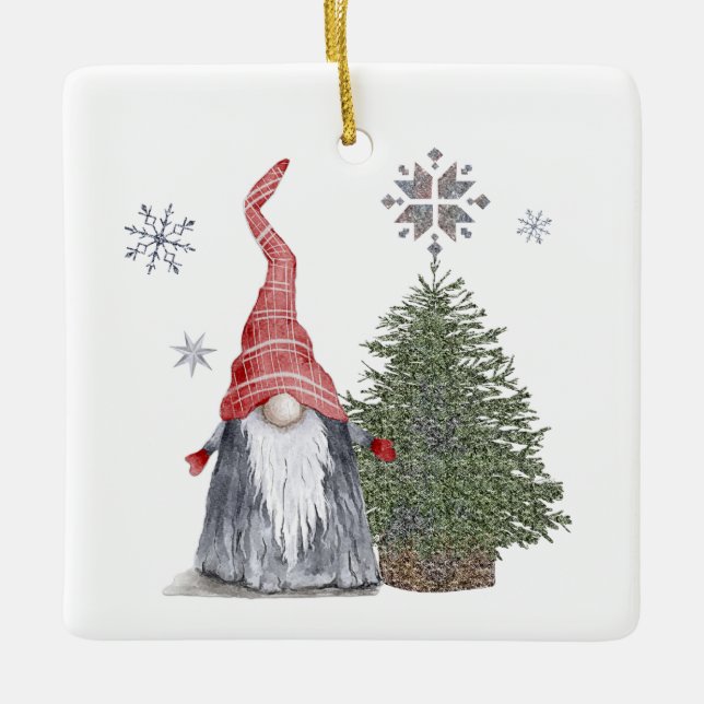 Cute Gnome Christmas Tree Name Happy Holidays  Ceramic Ornament (Front)