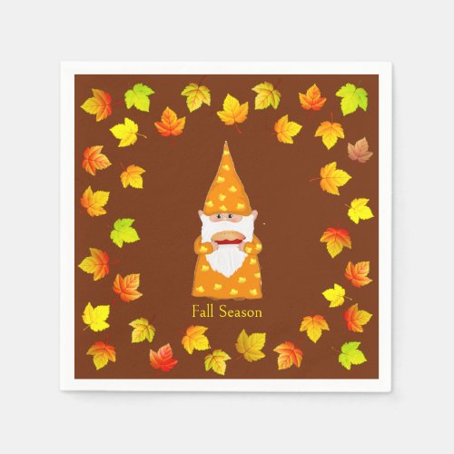 Cute Gnome  Colorful Fall Leaves on Brown Napkins