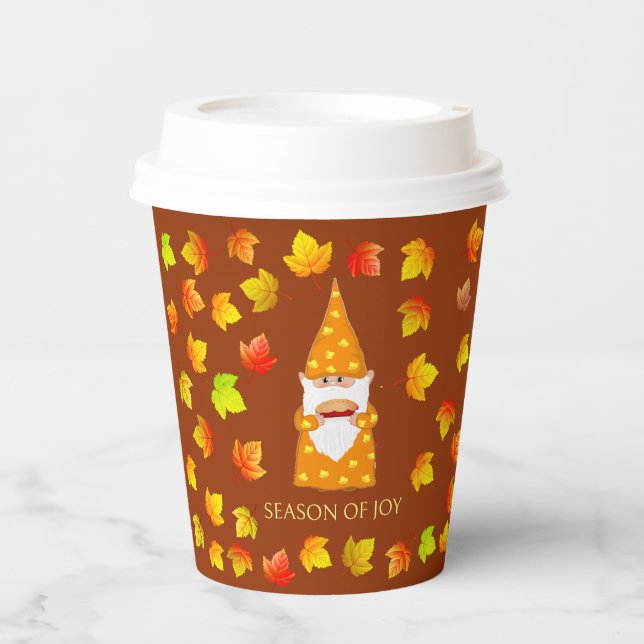 Cute Gnome & Colorful Fall Leaves on Brown Paper Cups (Front)