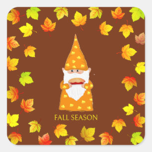 Cute Gnome & Colorful Fall Leaves on Brown Square Sticker