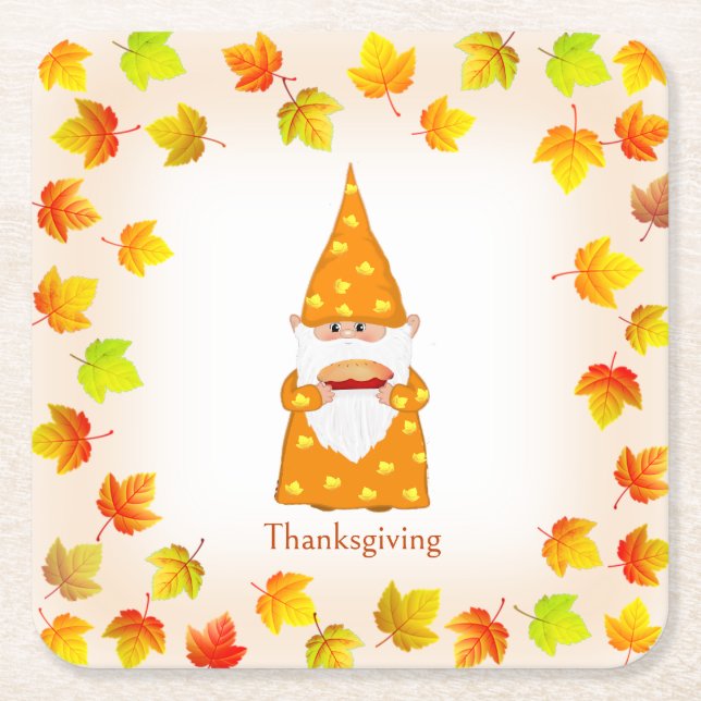 Cute Gnome & Colorful Fall Leaves Square Paper Coaster (Front)