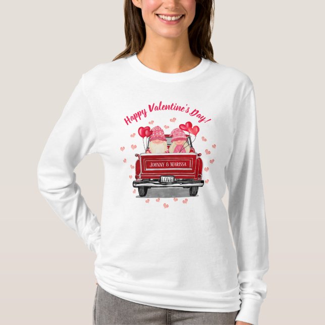 Cute Gnome Couple Pink Heart Happy Valentine's Day T-Shirt (Front)