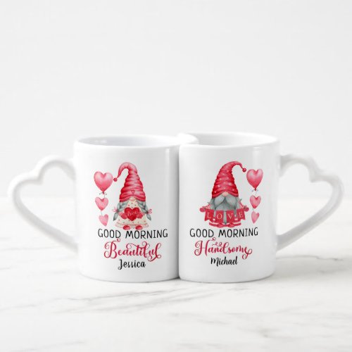 Cute Gnome Couple Red Hearts Good Morning  Coffee Mug Set