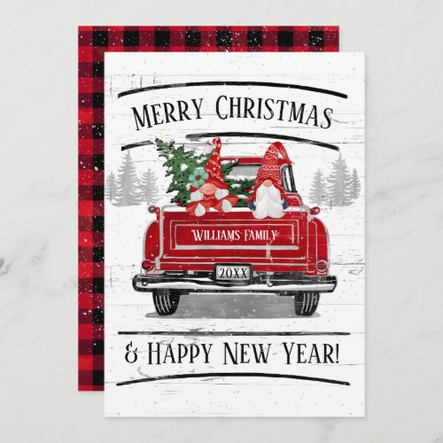 Cute Gnome Couple Vintage Red Truck Christmas Holiday Card
