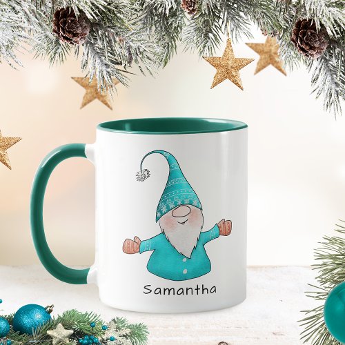Cute Gnome Custom Name Aqua Blue Christmas Mug