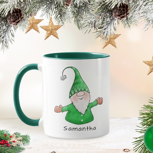 Cute Gnome Custom Name Green Christmas Mug