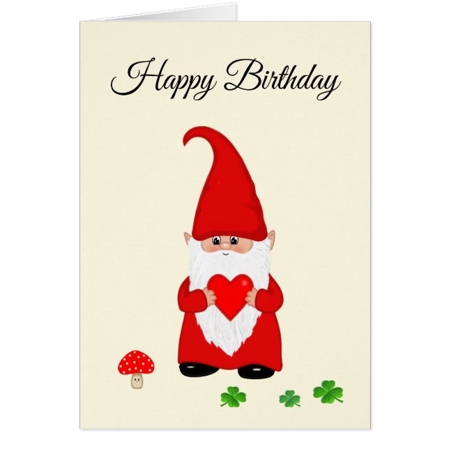 Cute Gnome Dressed in Red with Heart Birthday Cards (Front)