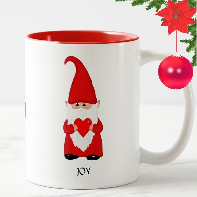 Cute Gnome Dressed in Red with Heart Two-Tone Coffee Mug (Creator Uploaded)