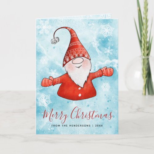 Cute Gnome Elegant Blue Red Merry Christmas Holiday Card