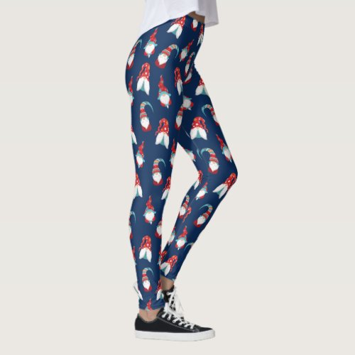 Cute Gnome Elf Modern Nordic Pattern Navy Blue Fun Leggings