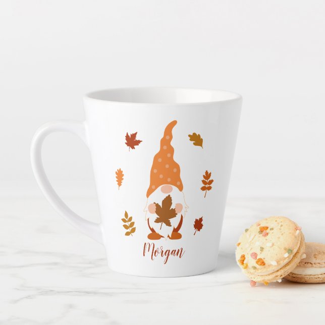 Cute Gnome Fall Custom Name Falling Leaves Latte Mug (In Situ)