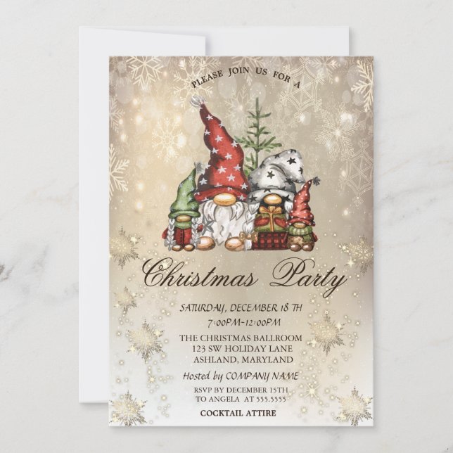 Cute Gnome Family Snowflakes Gold Party  Invitation (Front)