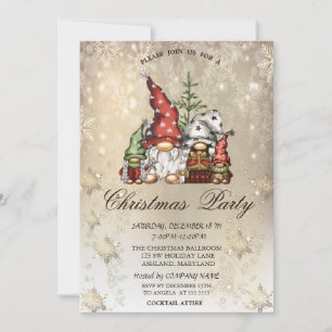 Cute Gnome Family Snowflakes Gold Party Invitation