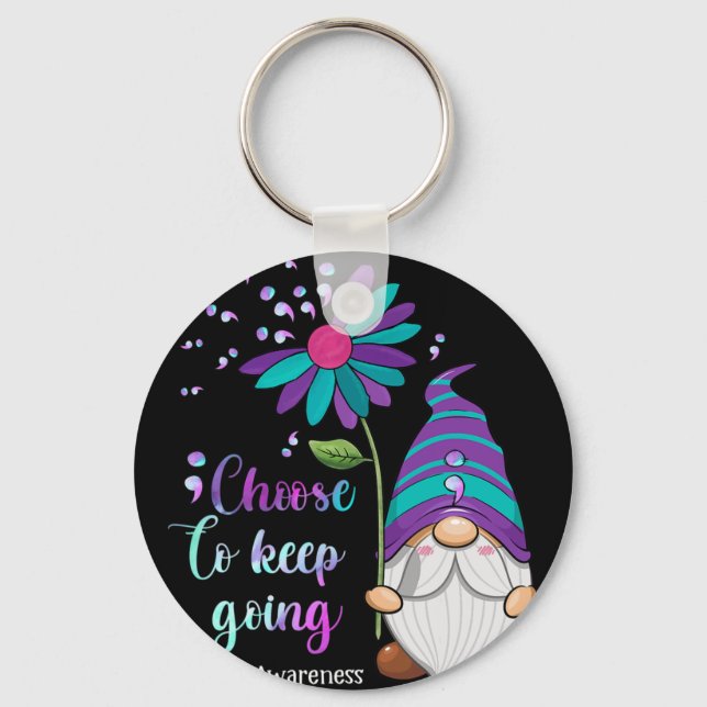 Cute Gnome Flower Suicide Prevention Awareness Mon Keychain (Front)