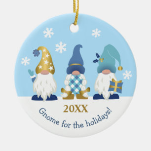 Cute Gnome for the Holidays Blue Gold Ceramic Ornament