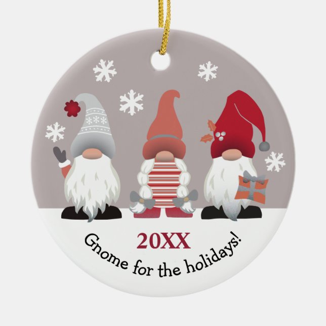 Cute Gnome for the Holidays Red Pink Grey White Ceramic Ornament (Front)