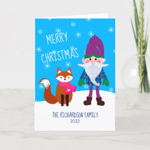 Cute Gnome Fox Snowflakes Blue Merry Christmas Holiday Card