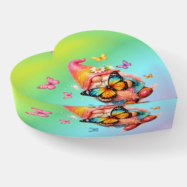 Cute Gnome  Glass Heart Paperweight (Angled)