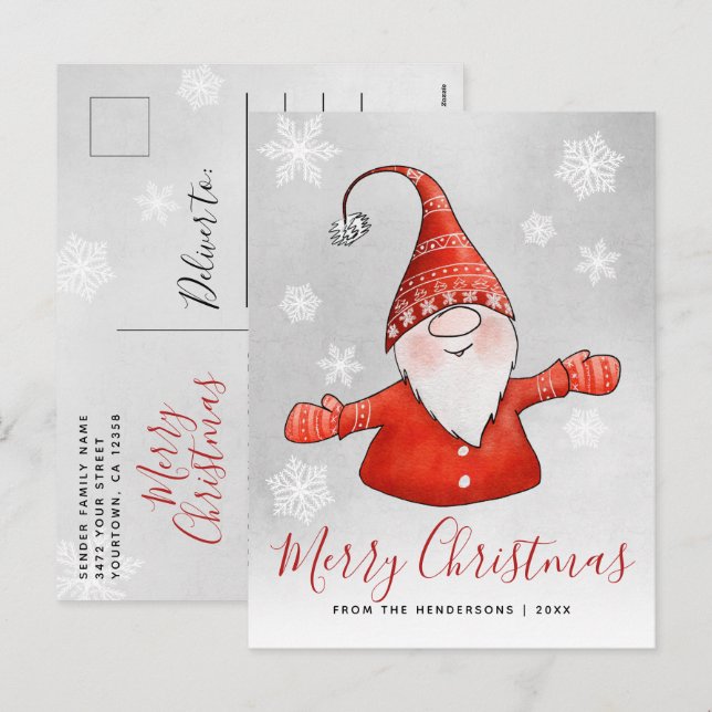 Cute Gnome Gray Red Christmas Holiday Postcard (Front/Back)