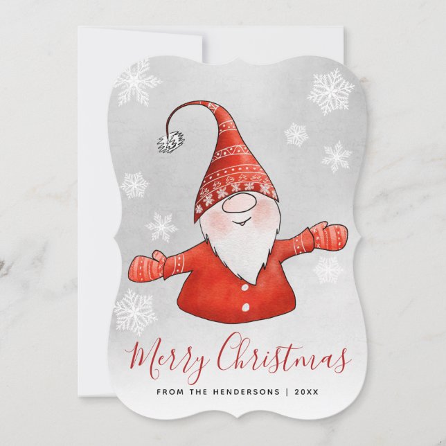 Cute Gnome Gray Red Merry Christmas Holiday Card (Front)