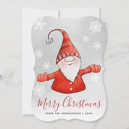 Cute Gnome Gray Red Merry Christmas Holiday Card