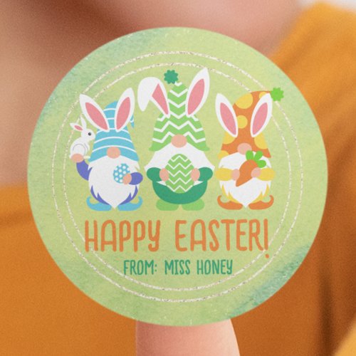 Cute Gnome Happy Easter From Teacher Personalized Classic Round Sticker