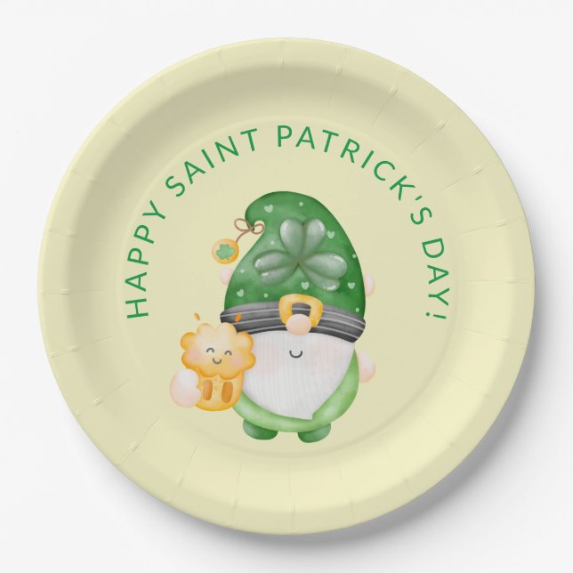 Cute Gnome Happy Saint Patricks Day Party Paper Plates (Front)