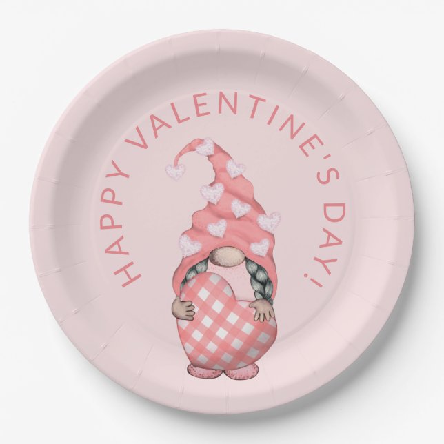 Cute Gnome Happy Valentines Day Party Paper Plates (Front)