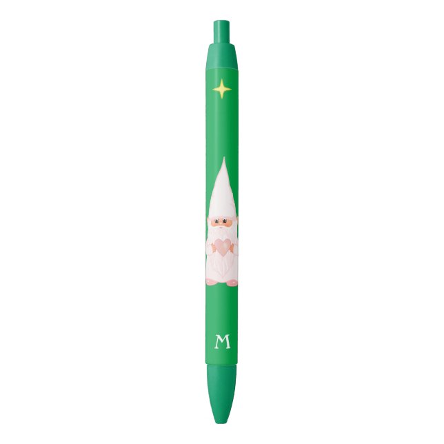 Cute Gnome Holding a Heart & Monogram on Green Pen (Front Vertical)